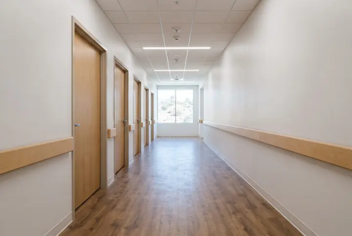 A long medical clinic corridor with wood-look luxury vinyl plank flooring