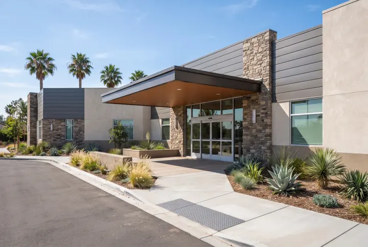 A medical office building entry with a wide flat metal canopy with a wood-tone soffit over a glass double door entrance