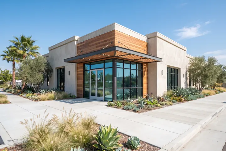 A completed single-story medical office building exterior with light stucco and warm wood accents