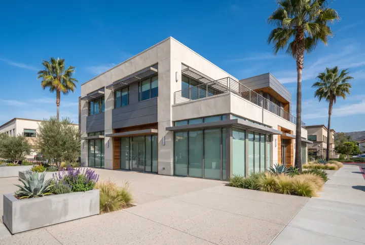A retail and office building with stucco and metal accents around a clean concrete plaza with planters