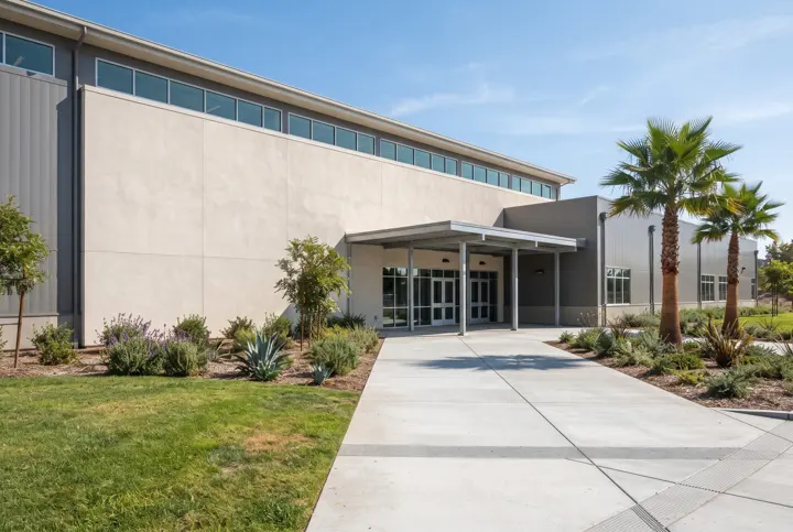 A completed school gymnasium building exterior with a tall smooth stucco and painted metal panel facade