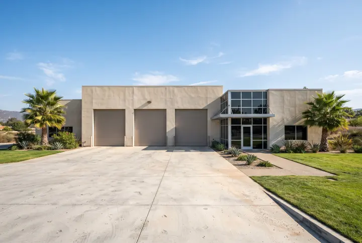 A civic services building with a generic station design: a wide low stucco building with three empty plain roll-up bay doors in a neutral color