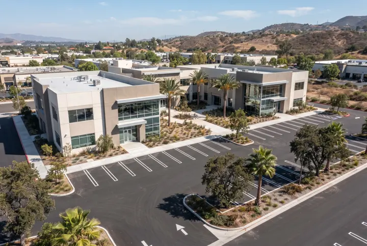 An aerial view from above of a finished commercial building complex with a large freshly striped asphalt parking lot with landscaped islands and trees