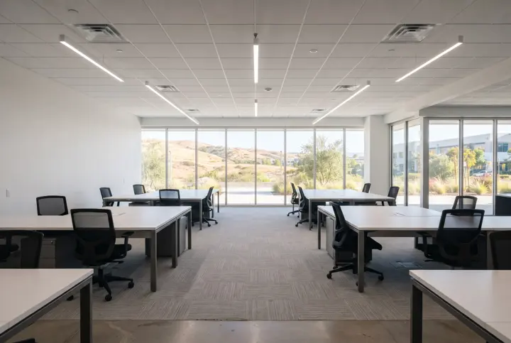 A renovated open-plan office interior with new light gray commercial carpet-tile flooring