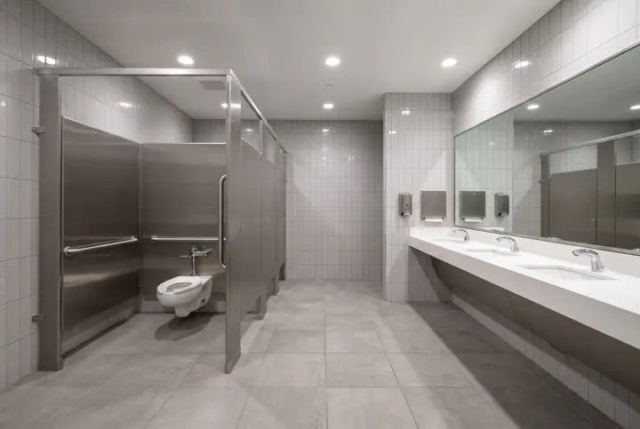 A renovated accessible public restroom with a row of stainless steel toilet partitions with one wider accessible stall