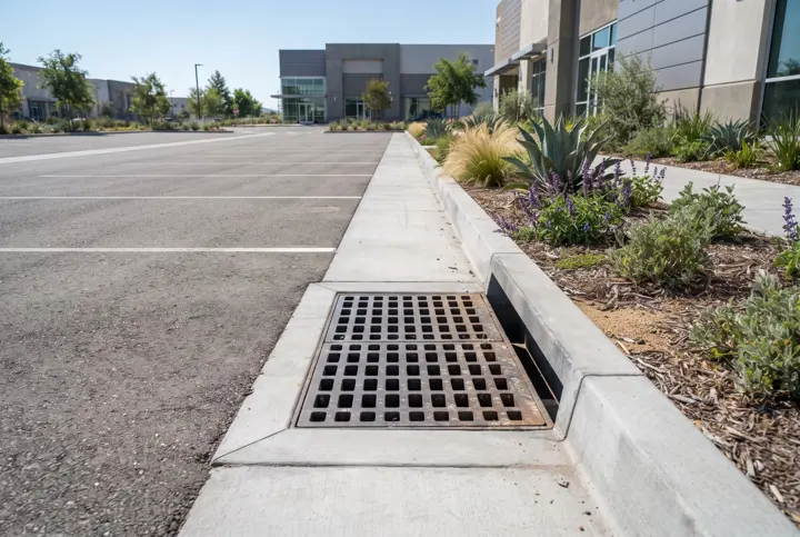 A storm-drain curb inlet with a clean concrete catch basin and metal grate set flush at the edge of a new concrete gutter along a paved parking area