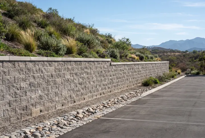 A segmental concrete-block retaining wall along the edge of a commercial site with a drainage swale at its base