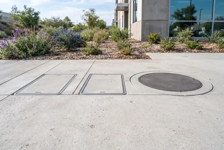 A close view of new light-gray concrete paving with two flush rectangular utility vault covers and a round manhole cover set level with the surface