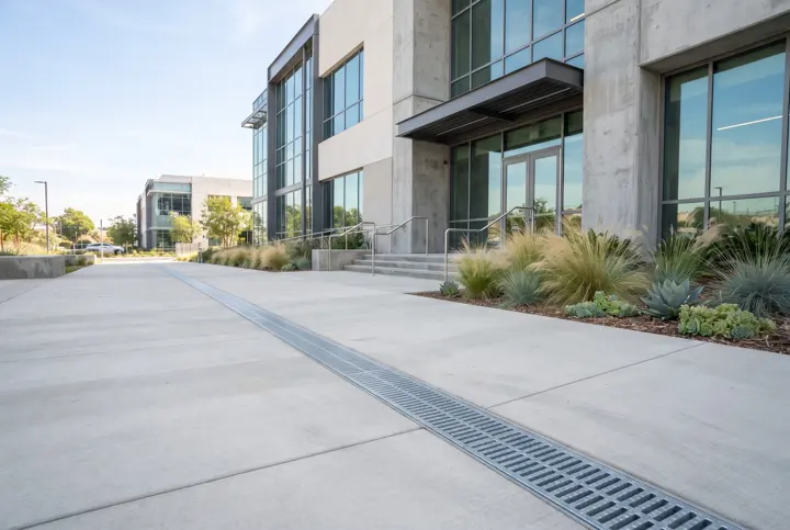 A new linear concrete trench drain with a galvanized steel slotted grate running across a smooth broom-finish paved plaza in front of a commercial building
