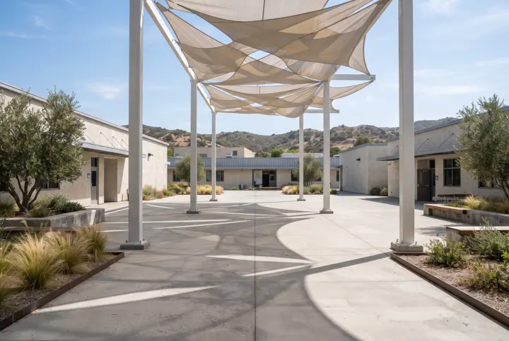 A steel shade structure over a school courtyard