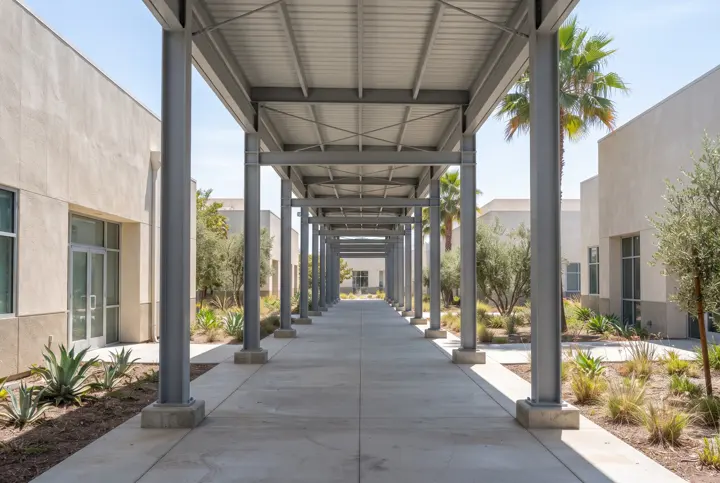 A long finished steel canopy over a covered concrete walkway between buildings