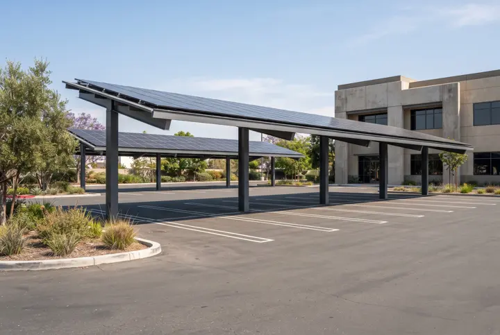 A steel-framed carport structure with a long row of black solar panels mounted on its roof