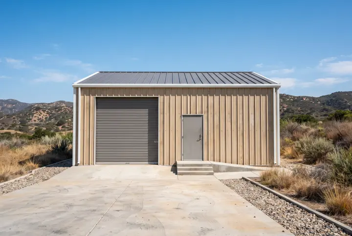 A prefabricated steel metal building with clean tan ribbed metal wall panels