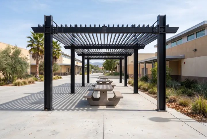 A steel pergola-style covered outdoor eating area at a school or office campus