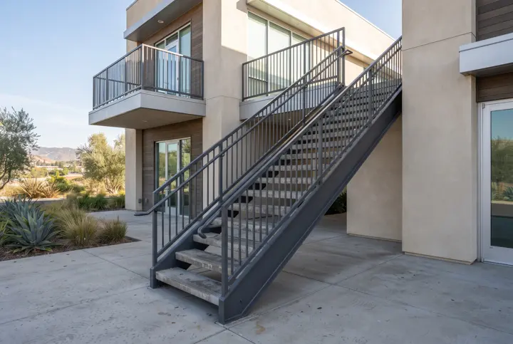 A exterior painted-steel staircase with open steel stringers