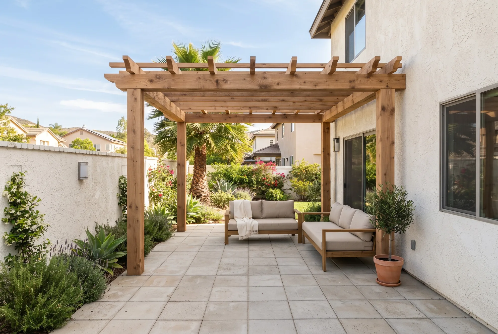 A wood pergola with cedar beams over a stucco-walled backyard patio with light concrete pavers