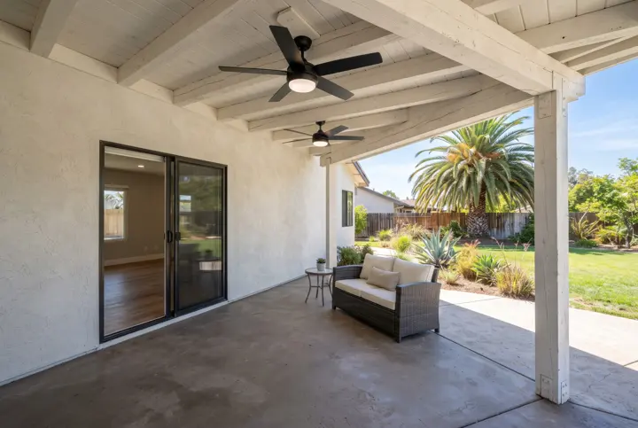 An attached stucco patio cover with a wood-beam ceiling and two black ceiling fans