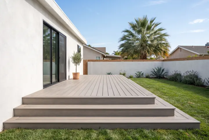 A composite deck in light gray-brown boards with wide steps down to a lawn