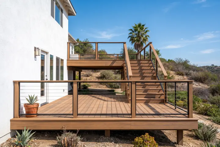 A two-level backyard deck in warm composite wood with a wide staircase between the levels and a simple black cable railing