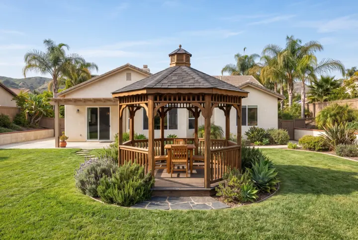 A freestanding octagonal wood gazebo with a shingle roof on a neat green lawn in a sunny backyard