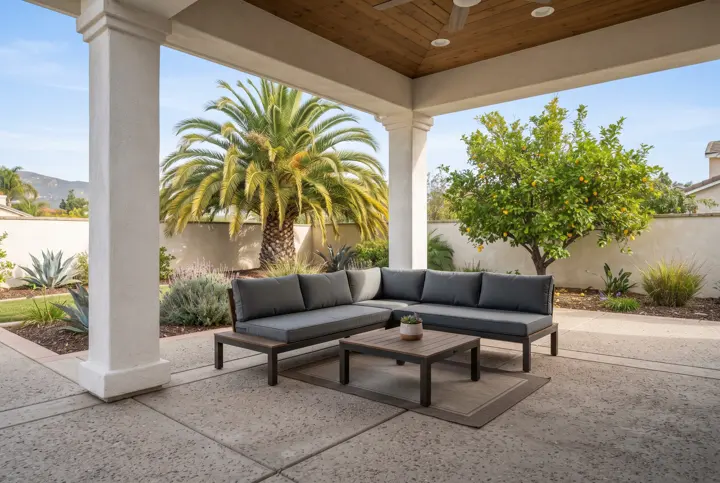A shaded backyard seating area under a solid stucco patio cover with white columns