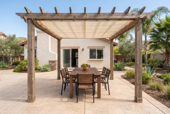 Wood pergola with a retractable shade canopy over an outdoor dining table on a stamped concrete patio