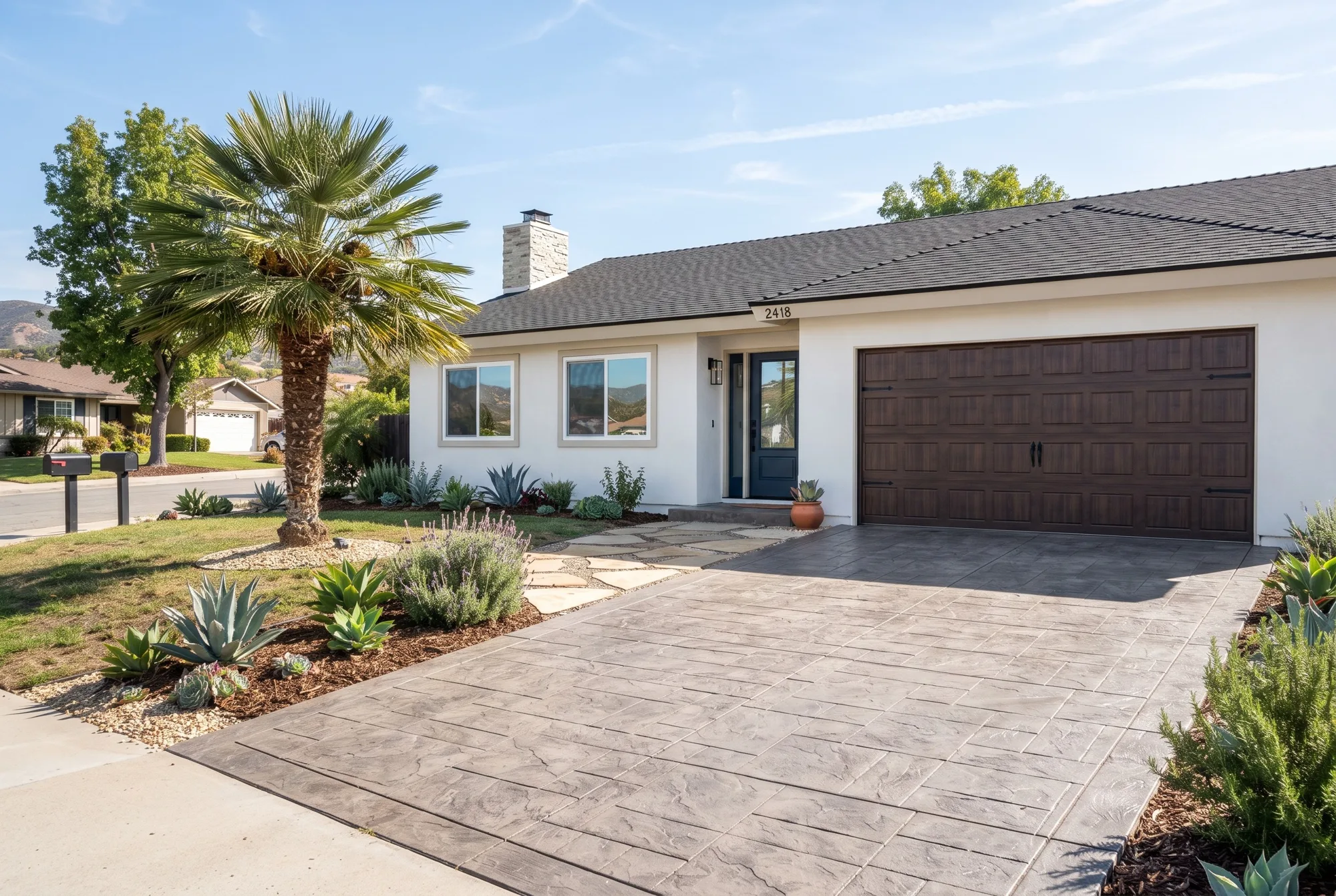A newly finished stamped-concrete driveway in a warm gray slate pattern leading to a single-story white stucco home with a garage