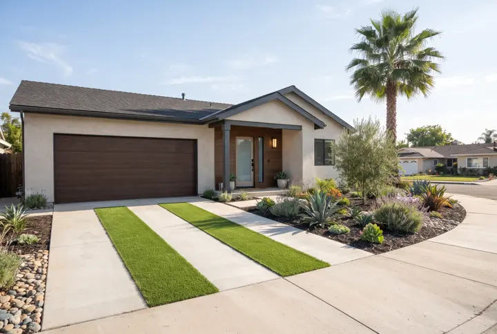 A broom-finish light concrete driveway with two narrow strips of green artificial turf running between the concrete tire tracks