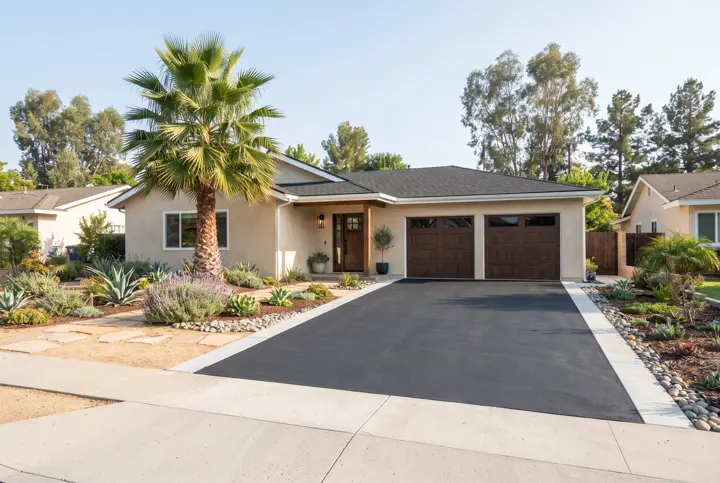A freshly sealed jet-black asphalt driveway with crisp edges and a clean concrete apron