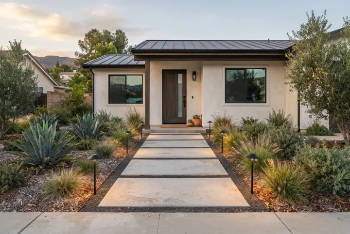 A wide entry walkway of large light-gray concrete pavers leading to a modern stucco home's front door