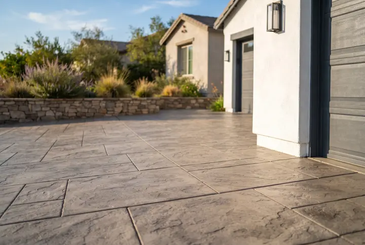 A close-up view of a newly finished stamped concrete driveway with a warm gray ashlar slab pattern and crisp grout lines in low afternoon light
