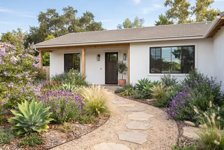 A gravel path with flat stone stepping stones winding through a drought-tolerant front garden of agave