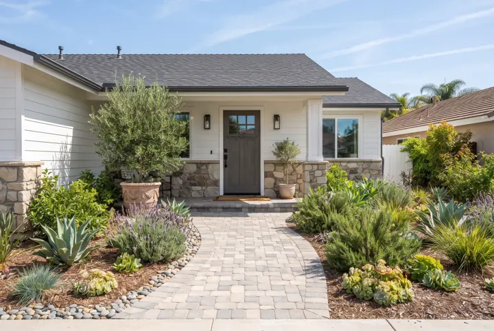 A gently curved interlocking paver walkway in soft gray and beige tones with a neat soldier-course edge