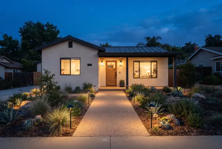 An exposed-aggregate concrete front walkway with warm small-stone texture leading to the front door of a modern stucco home