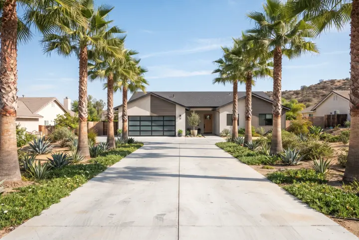 A long straight light-gray concrete driveway lined on both sides with tall Mexican fan palm trees and low green groundcover