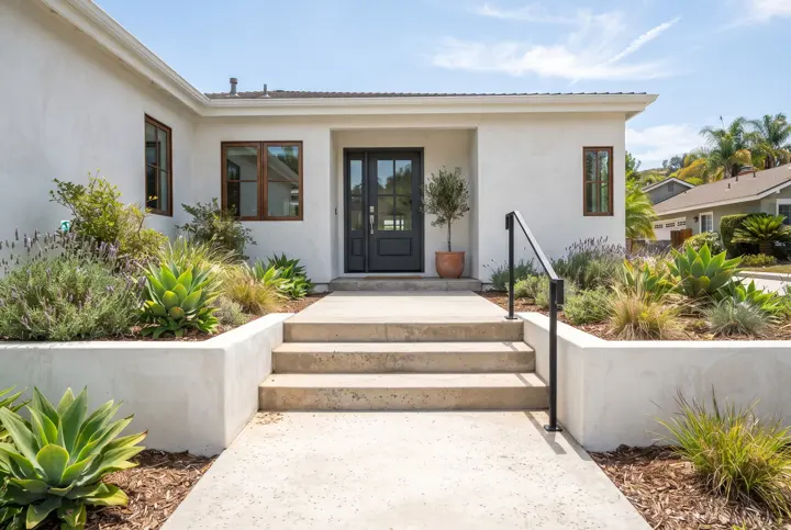 A front walkway of light concrete with three wide concrete steps leading up to the front door of a white stucco home