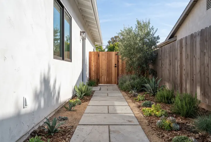 A narrow side-yard path of light-gray rectangular pavers running along the side of a white stucco house