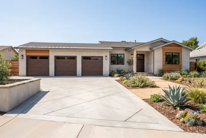 A wide light-gray concrete driveway with a decorative scored diamond pattern and a smooth border
