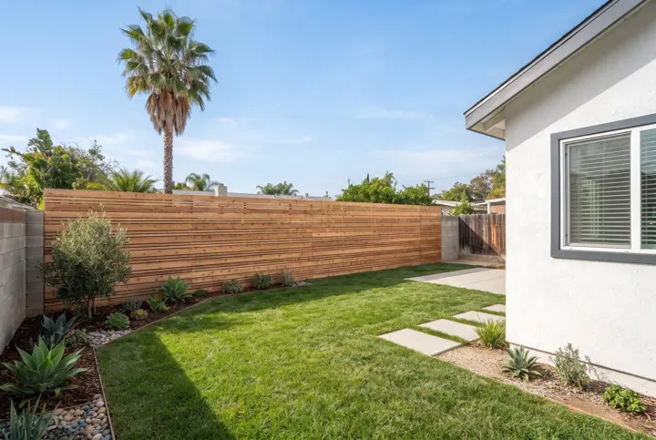A modern horizontal cedar slat fence with tight even gaps along a backyard