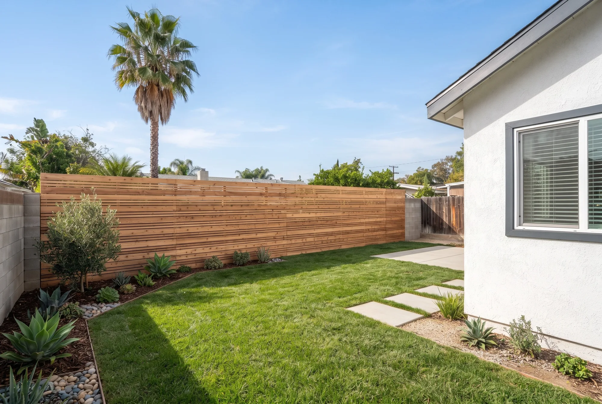 A modern horizontal cedar slat fence with tight even gaps along a backyard