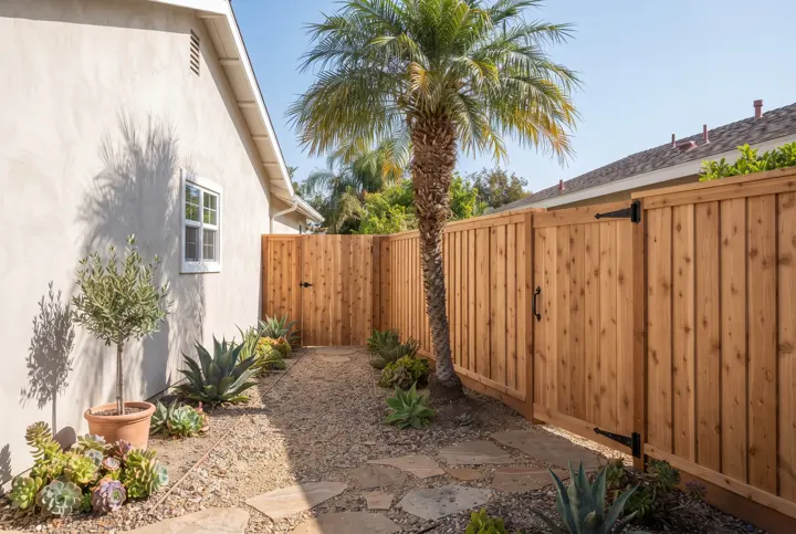 A new six-foot wood privacy fence in warm natural cedar with a matching wood gate and black hinges and latch