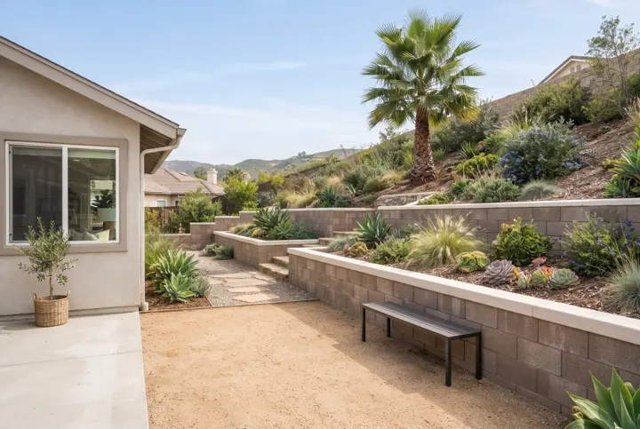 A tiered concrete-block retaining wall in a warm gray finish with a stucco cap along a sloped backyard