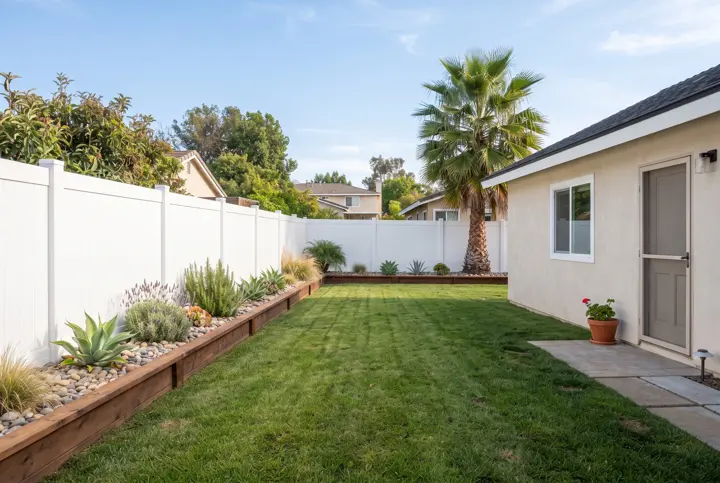 A white vinyl privacy fence with clean flat panels and posts with caps in a residential backyard