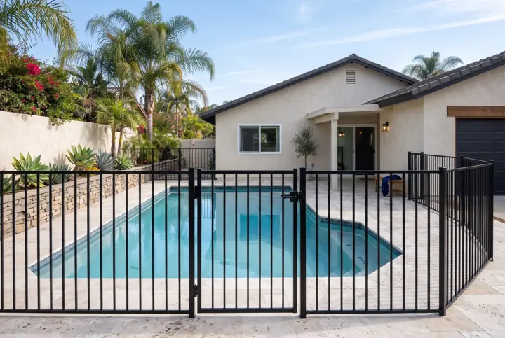 A black wrought-iron pool safety fence with a self-closing gate around a backyard swimming pool with light travertine deck