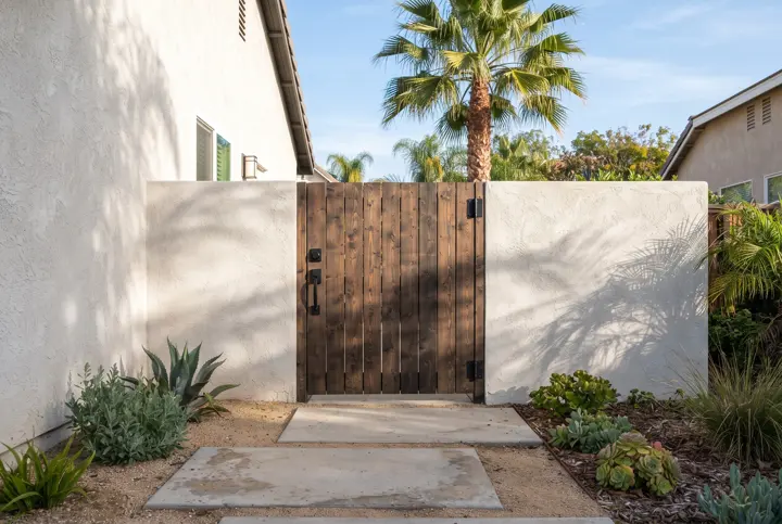 A modern side-yard gate in dark stained vertical wood slats with a sleek black metal pull handle and a stucco wall on one side