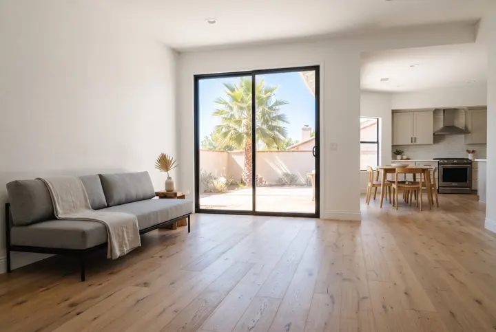 An open living room with wide-plank light natural oak flooring, white plaster walls