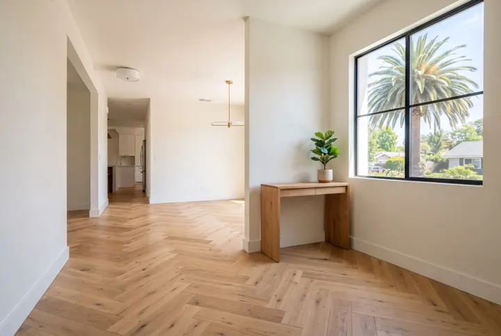A bright entry hallway and dining area with herringbone-pattern natural oak hardwood flooring