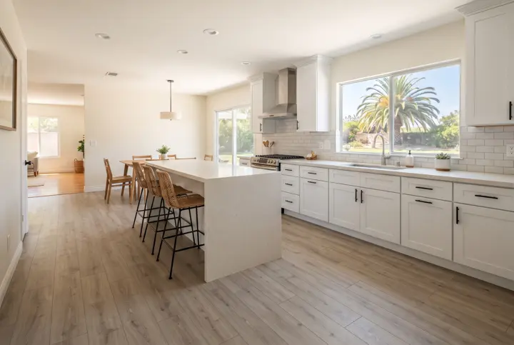 A modern kitchen with light warm-gray luxury vinyl plank flooring, white shaker cabinets