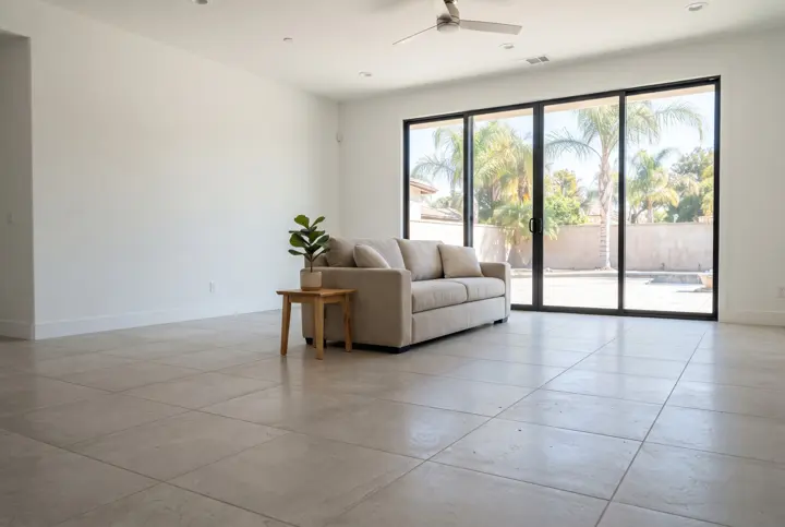 A spacious living space with large-format light warm-gray porcelain tile flooring with thin grout lines