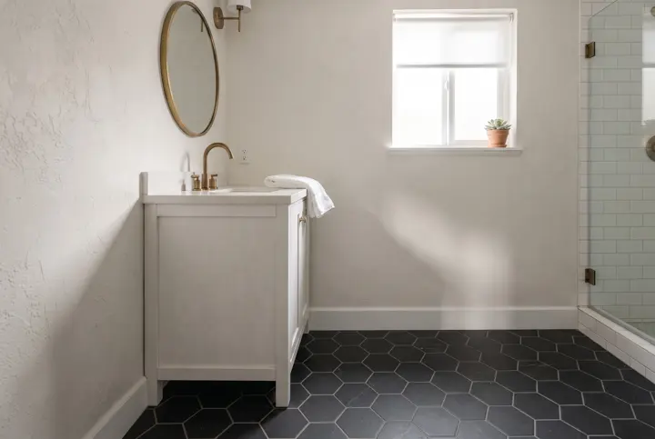 A bathroom with black and white hexagon mosaic floor tile